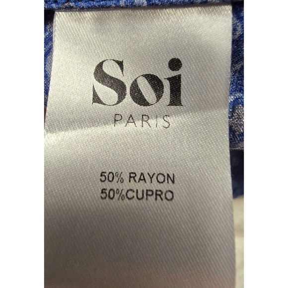 SOI PARIS Dress Surplice Neck Paisley Geometric Blue Cupro Rayon SZ EU 42 US L - Picture 11 of 12